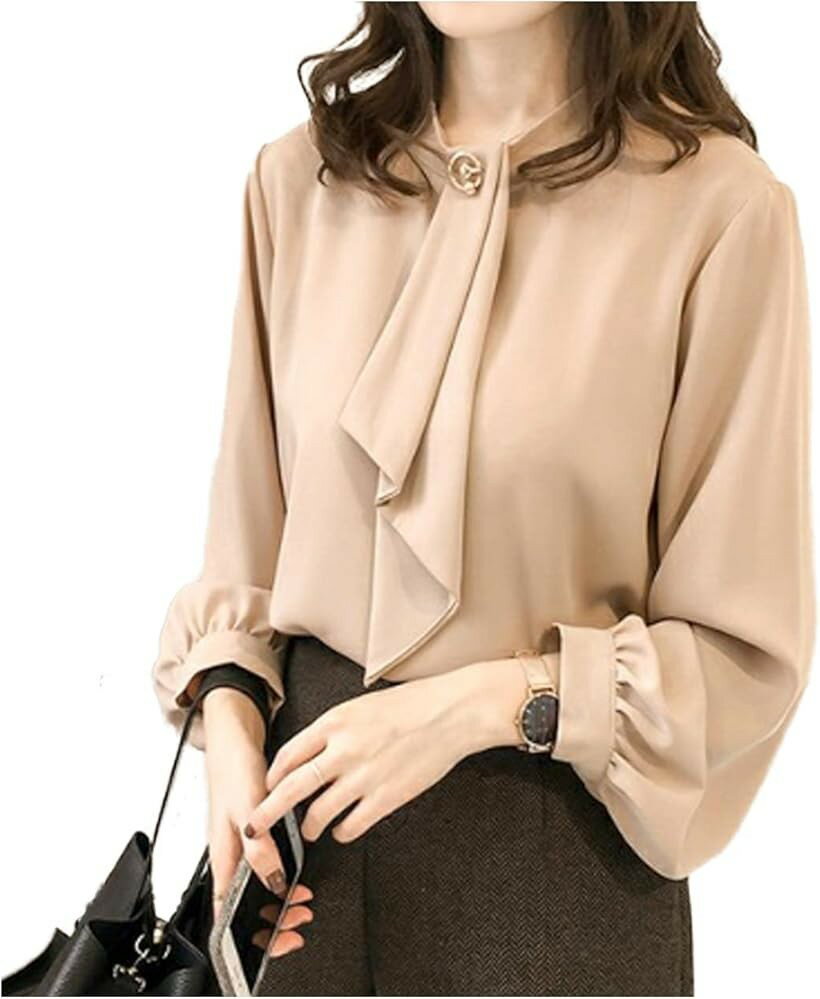 秋色 とろみ ブラウス 長袖 ボウタイ きれいめ シャツ カットソー レディース 2XL ベージュ (ベージュ, 2XL)