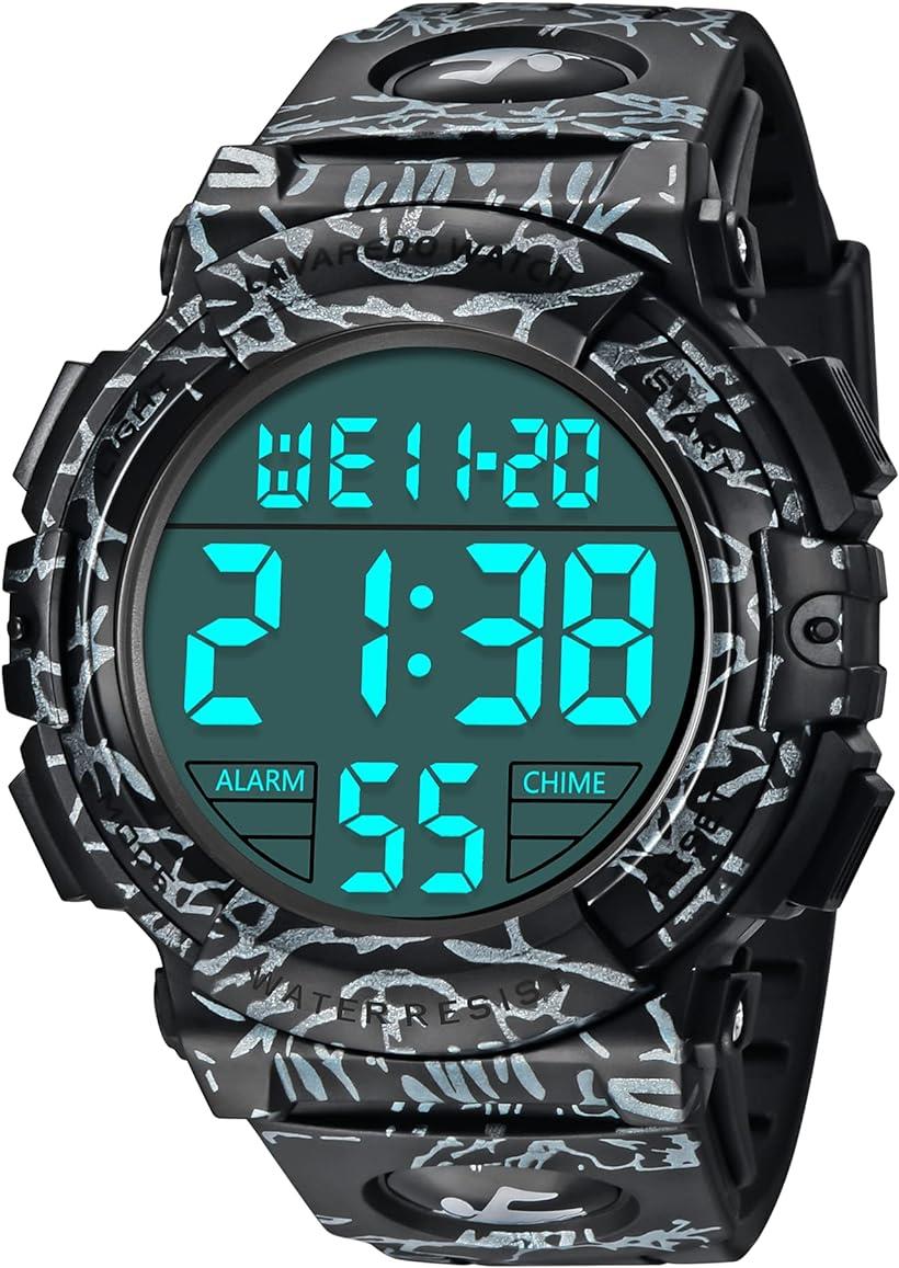 腕時計 メンズ デジタル 50メートル防水 日付 曜日 アラーム LED表示 多機能付き 防水腕時計 取扱説明書付き( 12-灰と黒)