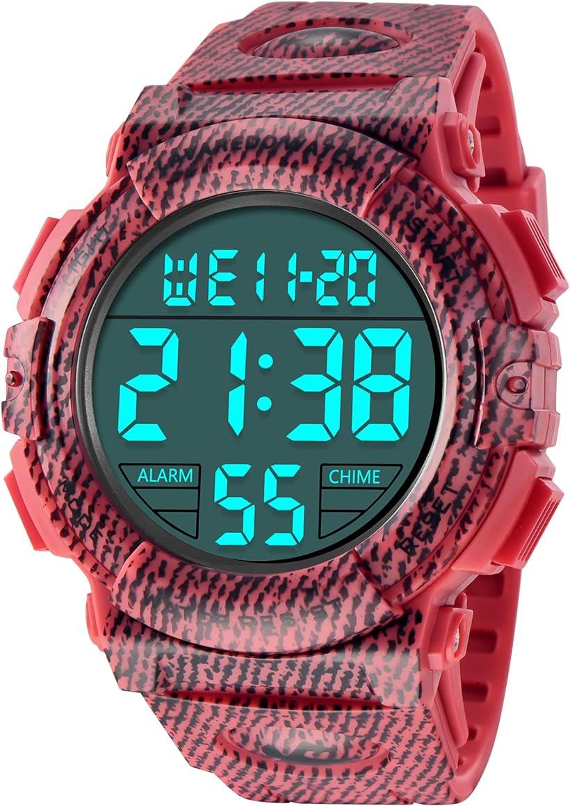 腕時計 メンズ デジタル 50メートル防水 日付 曜日 アラーム LED表示 多機能付き 防水腕時計 取扱説明書付き( 11-赤と黒)