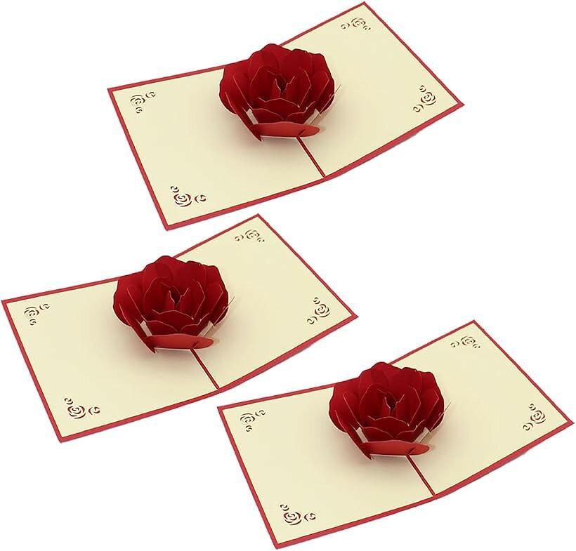 3Dメッセージカード 3枚セット 薔薇 立体ポップアップカード 飛び出すカード 恋人 誕生日 母の日 記念日 結婚祝い 招待状 (レッド（3枚セット）)