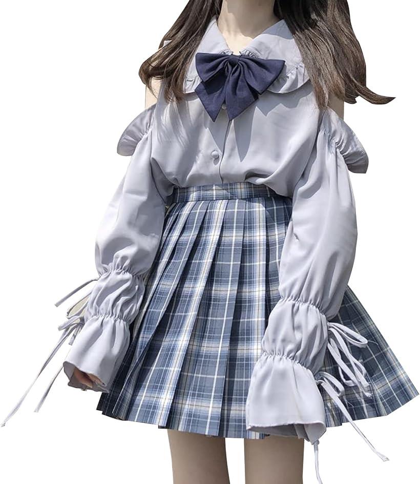 女子高生 コスプレ 長袖 レディース ブラウス 肩出し トップス 大きいサイズ 学生服 制服( グレー, XL)