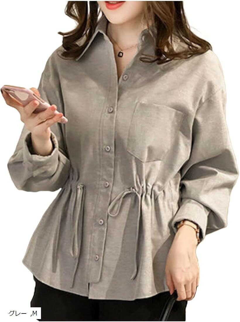 上着 レディース 羽織りシャツ 立ち襟シャツ 襟付きカットソー (グレー, M)