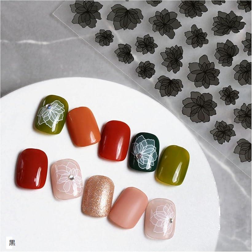 ネイルシール 花 レース調 フラワー 透過 平面 ネイルパーツ 花柄 透け感 3枚セット(黒)