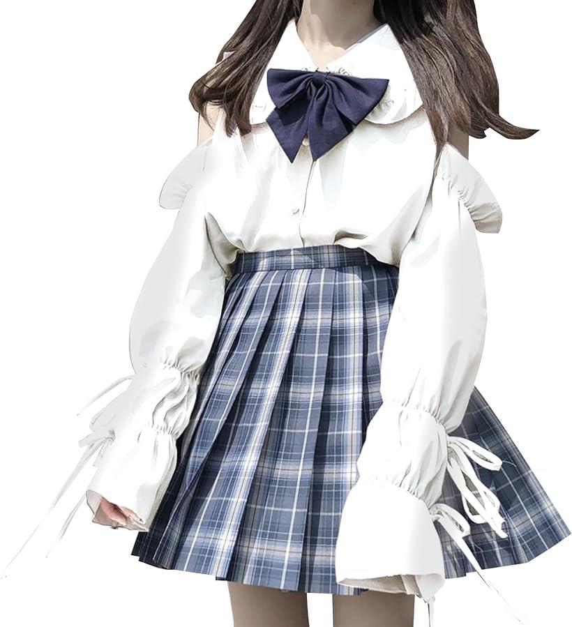 女子高生 コスプレ 長袖 レディース ブラウス 肩出し トップス 大きいサイズ 学生服 制服( ホワイト, L)