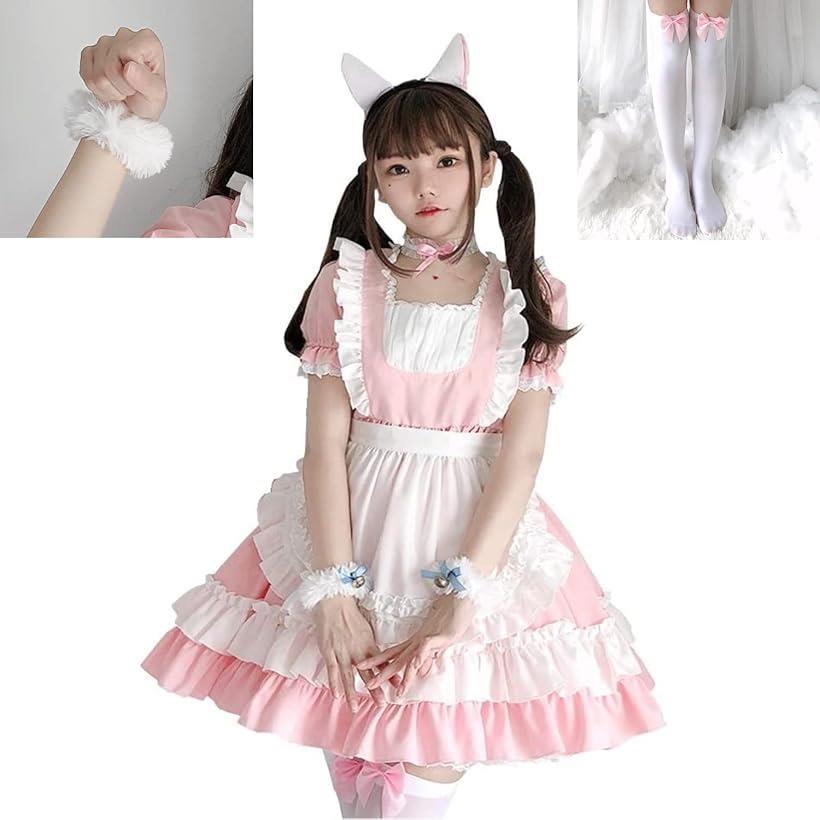 8点セット メイド服 コスプレ カチューシャ チョーカー 猫耳 シュシュ ソックス( ピンク, M)