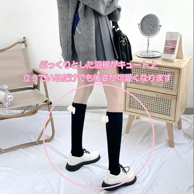 天使の羽根 ソックス 立体 靴下 ハイソックス レディース ブラック (ブラック)