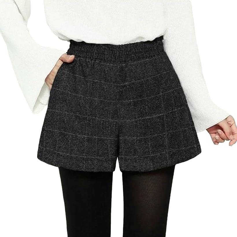 スロウアンドメロウショートパンツ チェック柄 ウエストゴム レディース 短パン L ブラック (ブラック, L)