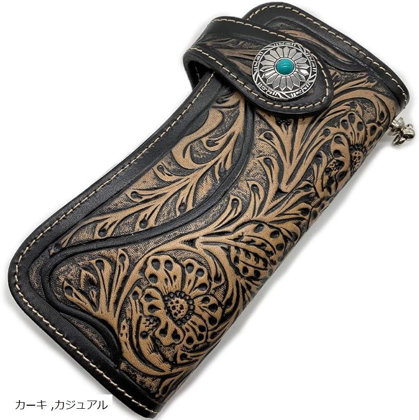 財布 メンズ 長財布 カービンウォレット バイカーズウォレット 本革 熟練職人による手彫り 小銭入れ カーキ カジュアル (カーキ)