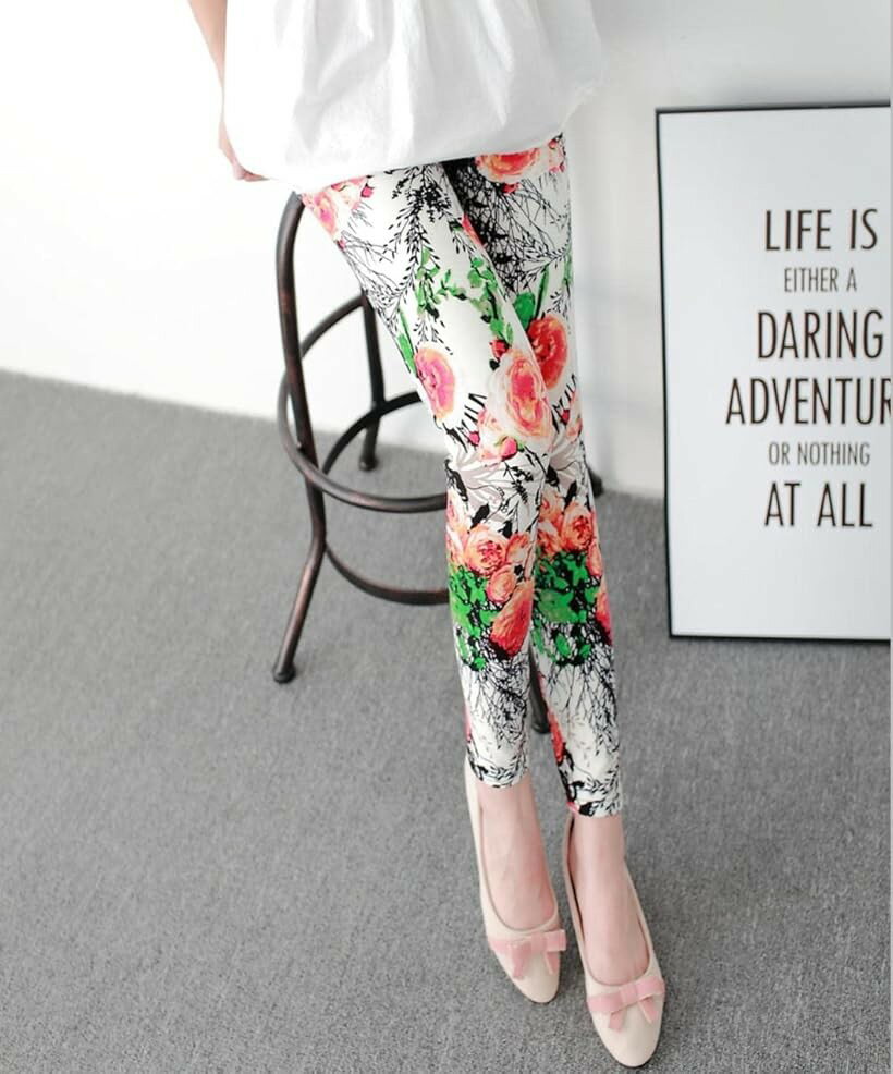 レギンス レディース ヨガ フィットネス ストレッチ ダンス お出掛け トレーニング タイツ ジム ボディライン ハイウェスト ジョギング デニンス シルク プリント 柄 オシャレ (レッドフラワー, Free Size)