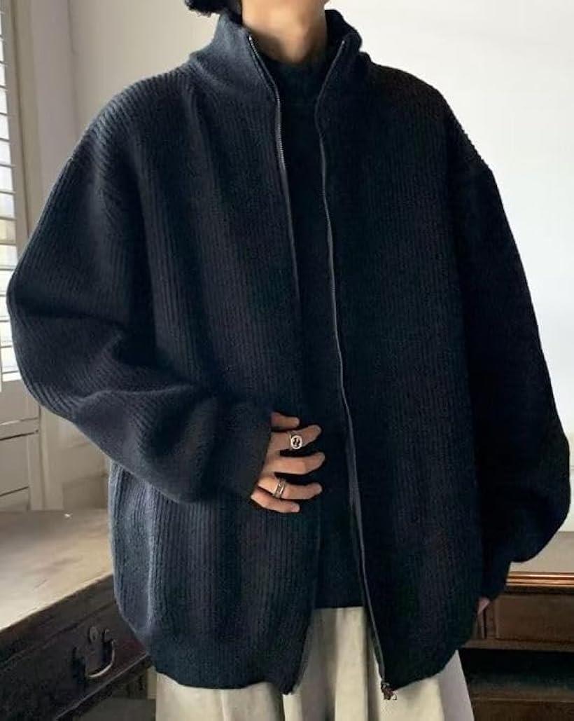 アスペルシオ オシャレ ニット カーディガン ストリート系 長袖 フルジップ ざっくり アウター メンズ フードなし 暖かい ハイネック ジャケット アウトドア 通勤 通学 コーディガン スタンドカラー 防寒(ディープブラック, XL)