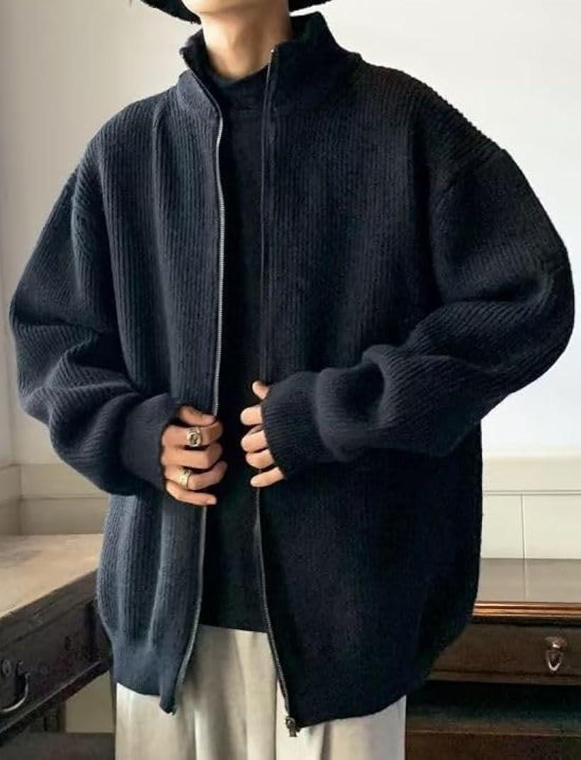 アスペルシオ オシャレ ニット カーディガン ストリート系 長袖 フルジップ ざっくり アウター メンズ フードなし 暖かい ハイネック ジャケット アウトドア 通勤 通学 コーディガン スタンドカラー 防寒(ディープブラック, XL)