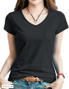 BT28 Tシャツ 半袖 Vネック 胸ポケット カットソー トップス レディース オシャレ(ブラック, M)