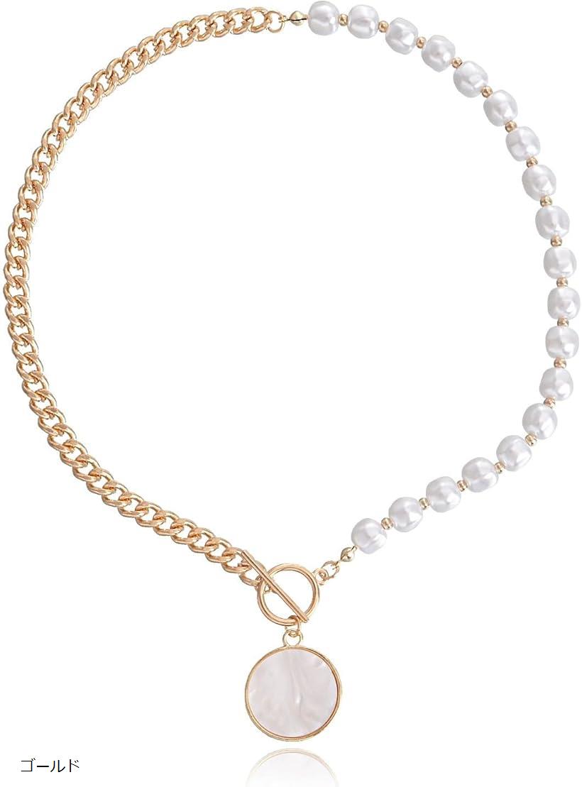 SWAROVSKI - ネックレス パール シェル風プレート OTフック アシンメトリー メンズ レディース おしゃれ ペア (ゴールド, 中)