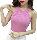 リブニット レディース セクシー ノースリーブ セーター トップス カットソー(ピンク, Free Size)
