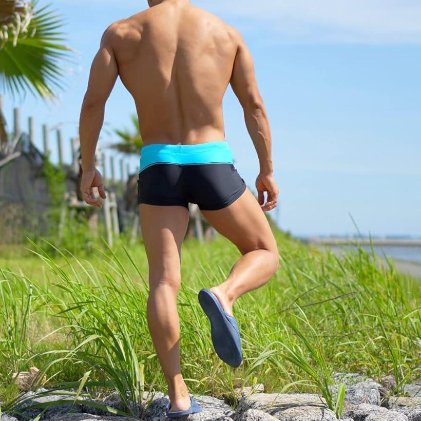 メンズ ローライズ サーフパンツ オシャレ 水着 ビーチ 海パン ショート 短め 腰パン ボックス型(ブルー, M)