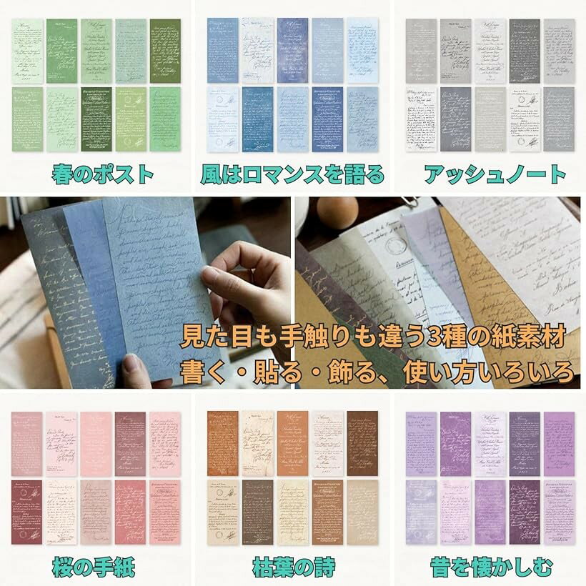 レトロ 英字 デザイン ペーパー 6種 セット レター コラージュ ジャーナル 手帳 クラフト (マルチカラー, 2セット)