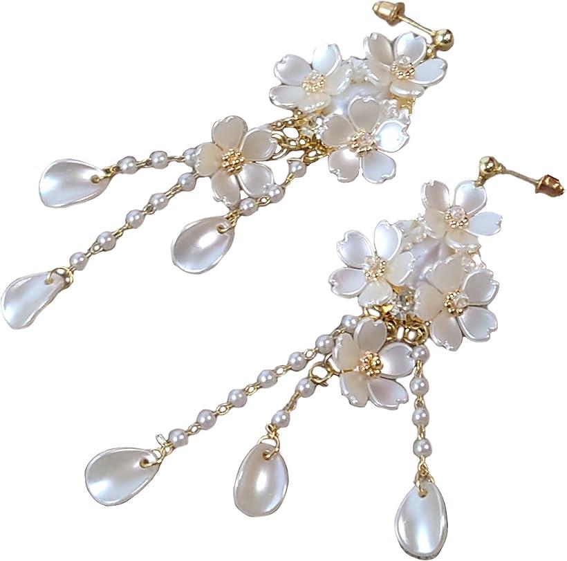 桜満開 フラワー ピアス 春 かわいい きれい さくら 白 ブライダル パールホワイト (パールホワイト, フリー)
