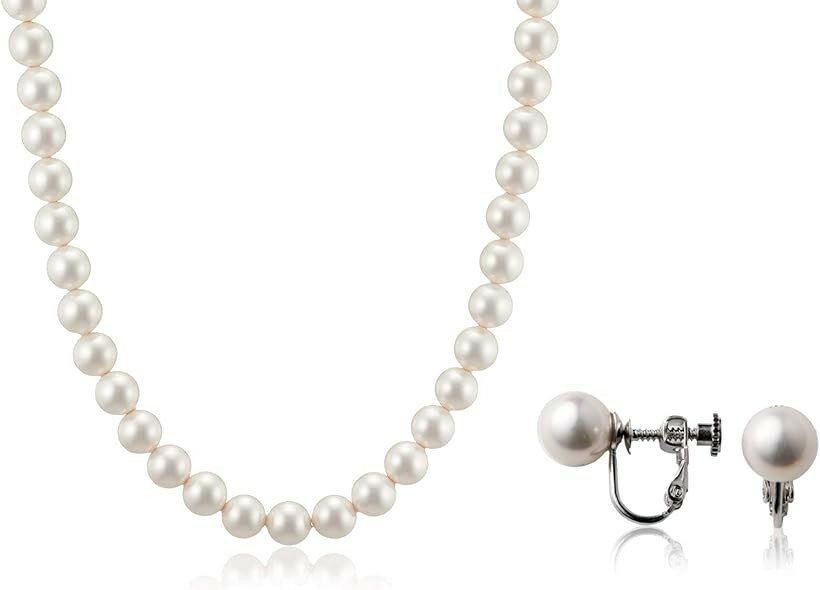 Pearl White - 人工真珠 ナチュラル パールネックレス 冠婚葬祭 日本製 (ホワイト・イヤリングセット, ［01］ 全長40cm)