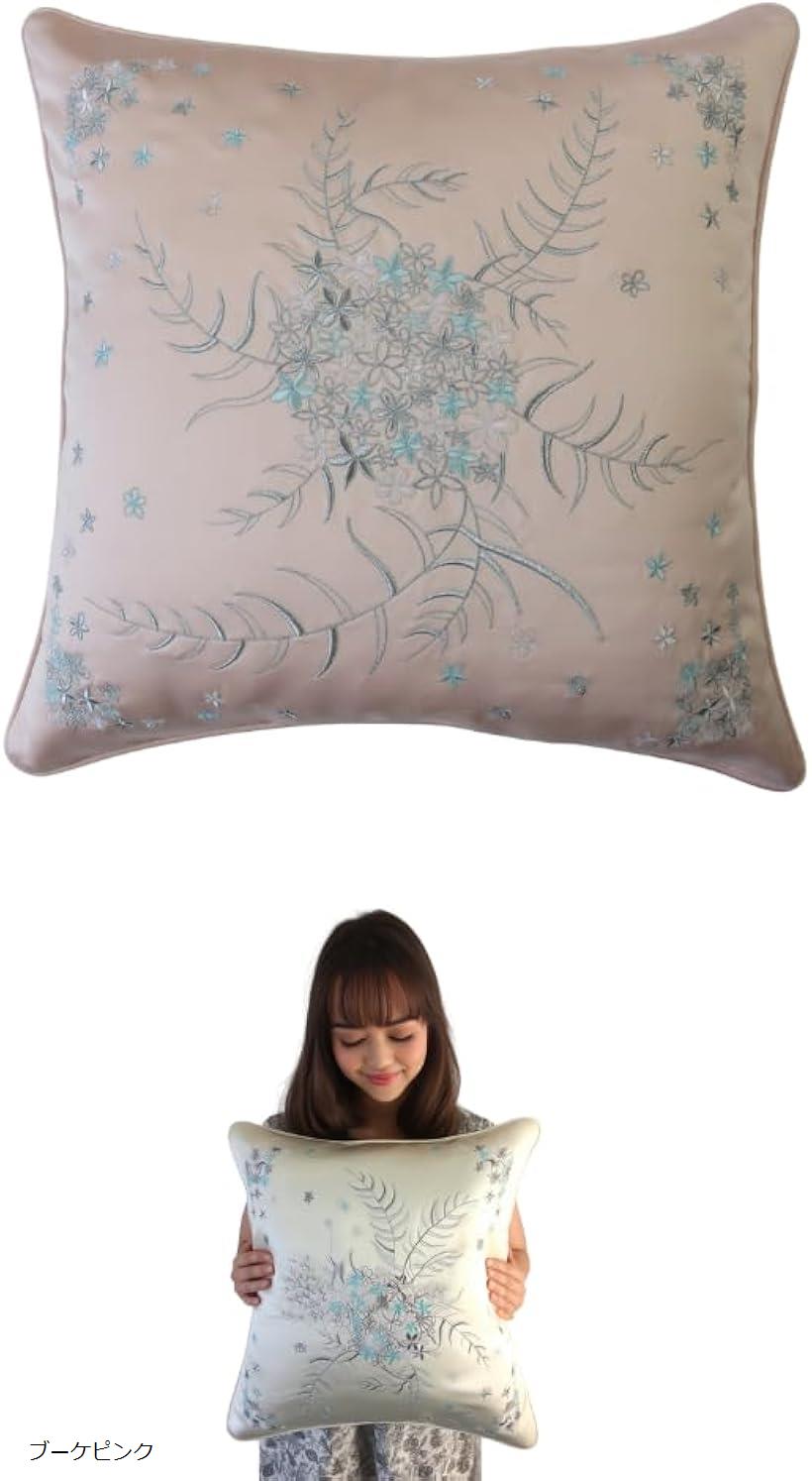 ブーケー ピンク クッションカバー 高級 サテン生地 刺繍入り エレガント インテリア ギフト プレゼン..