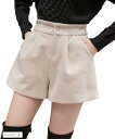 スロウアンドメロウショートパンツ ハイウエスト シンプル カジュアル フランネル調 キレイめ(ベージュ, L)(4)