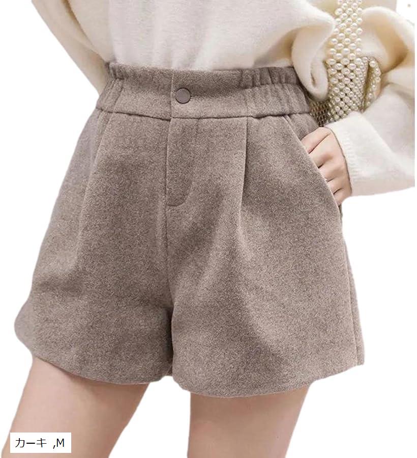 スロウアンドメロウショートパンツ ハイウエスト シンプル カジュアル フランネル調 キレイめ M カーキ (カーキ, M)
