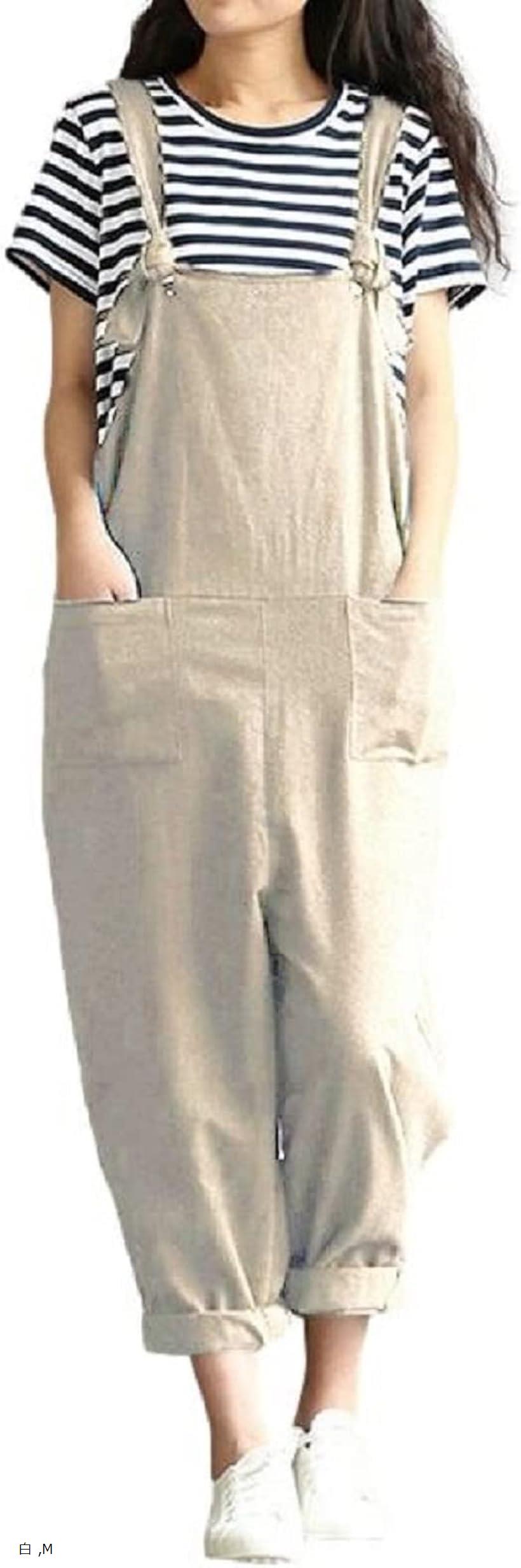 サロペット 裾 ロールアップ ゆったり シルエット 無地 ポケット付き(白, M)