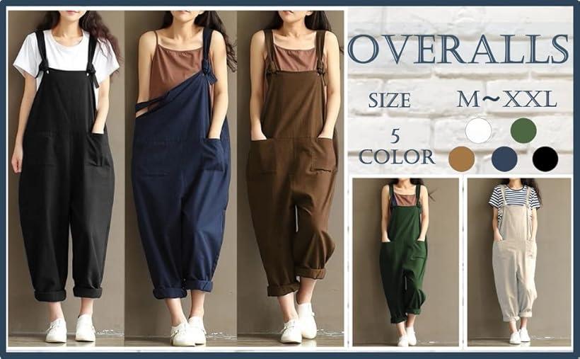 サロペット 裾 ロールアップ ゆったり シルエット 無地 ポケット付き(白, M)