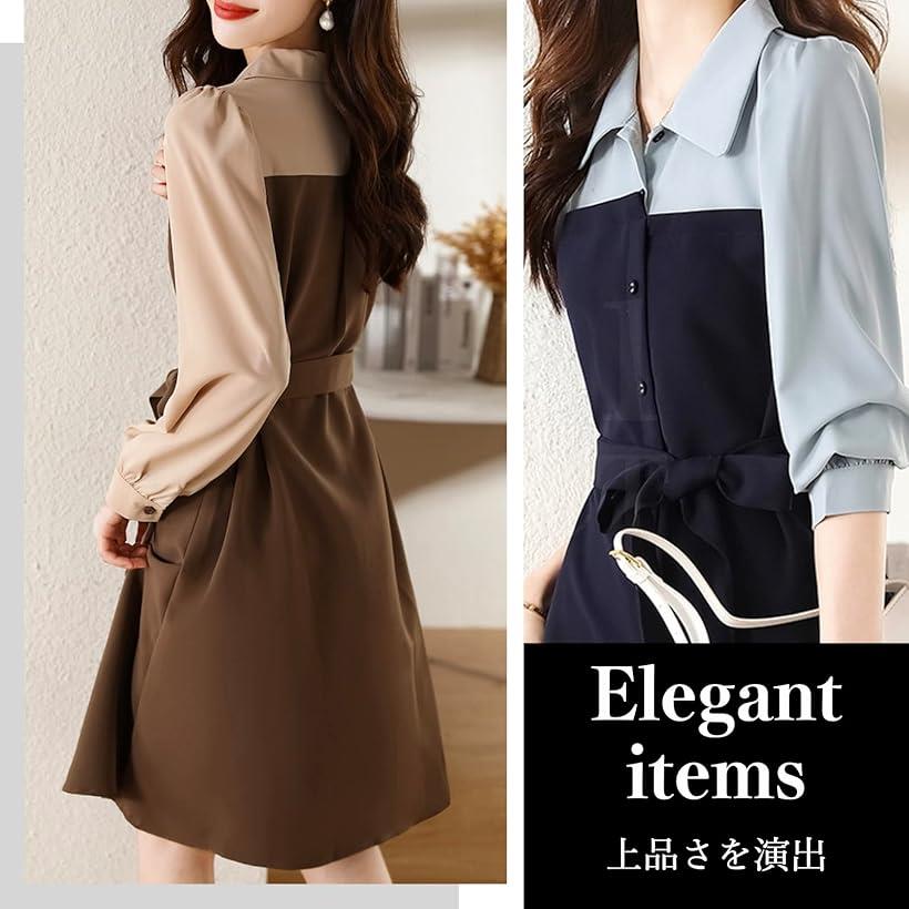 ワンピース アシンメトリー 切り替えワンピース 膝下丈 長袖 レディース(ブラウン, 2XL)