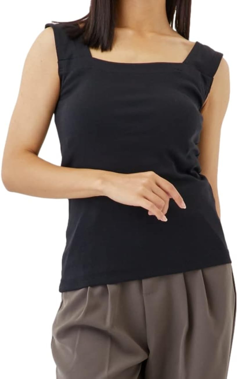 タンクトップ ブラ紐隠し キャミソール 見せない インナー トップス レディース ランニング 女性 カジュアル 服 無地 シンプル スクエア (ブラック, L)