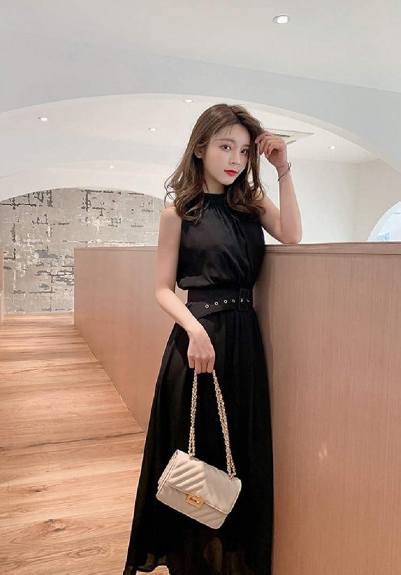 ロングドレス ベルト付 ノースリーブ シフォン きれいめ マキシ丈 ワンピース パーティー レディース (ブラック, S)