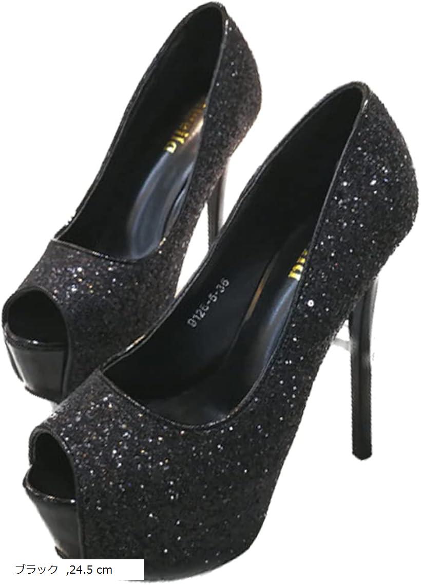 レディース ヒール キャバ パンプス オープントゥ ピンヒール キラキラ 結婚式 パーティー ブラック 24.5cm 39 (ブラック, 24.5 cm)