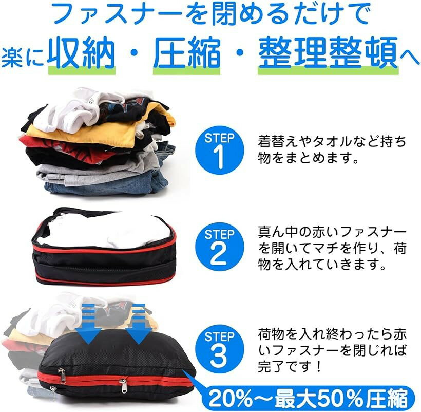旅行用圧縮袋 ガジェットポーチ 圧縮バック 旅行用ポーチ 衣類 トラベルポーチS ネームプレート セット 3