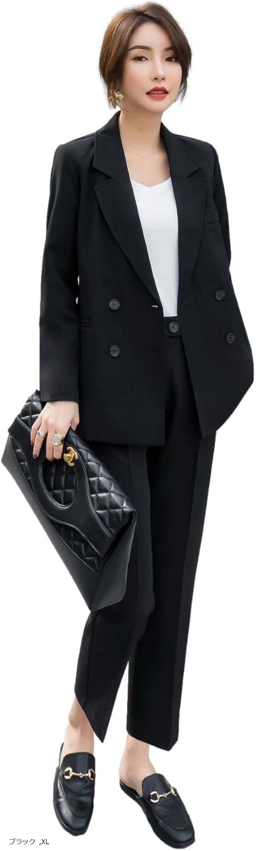 カジュアルスーツ 上下セット 足首スッキリ 9分丈パンツ 長袖 セレモニー 洗える きれいめ スリム スラックス お呼ばれ アウター ビジネススーツ ポリエステル 2点セット 15号 重ね着 股上深め 体形カバー (ブラック, XL)