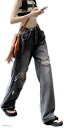 デニム レディース ストレート ダメージウォッシュ 調整 ジーパン ジーンズ 足長 ハイウエスト 可愛い(ブラック, L)