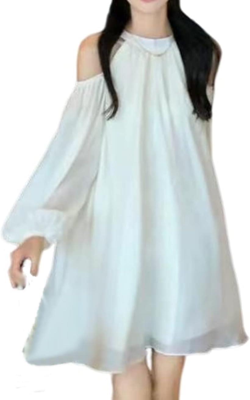 オフショルダー ワンピース ミニ レディース きれいめ 長袖 aライン シフォン フレア 01 - M 白 (白, M)