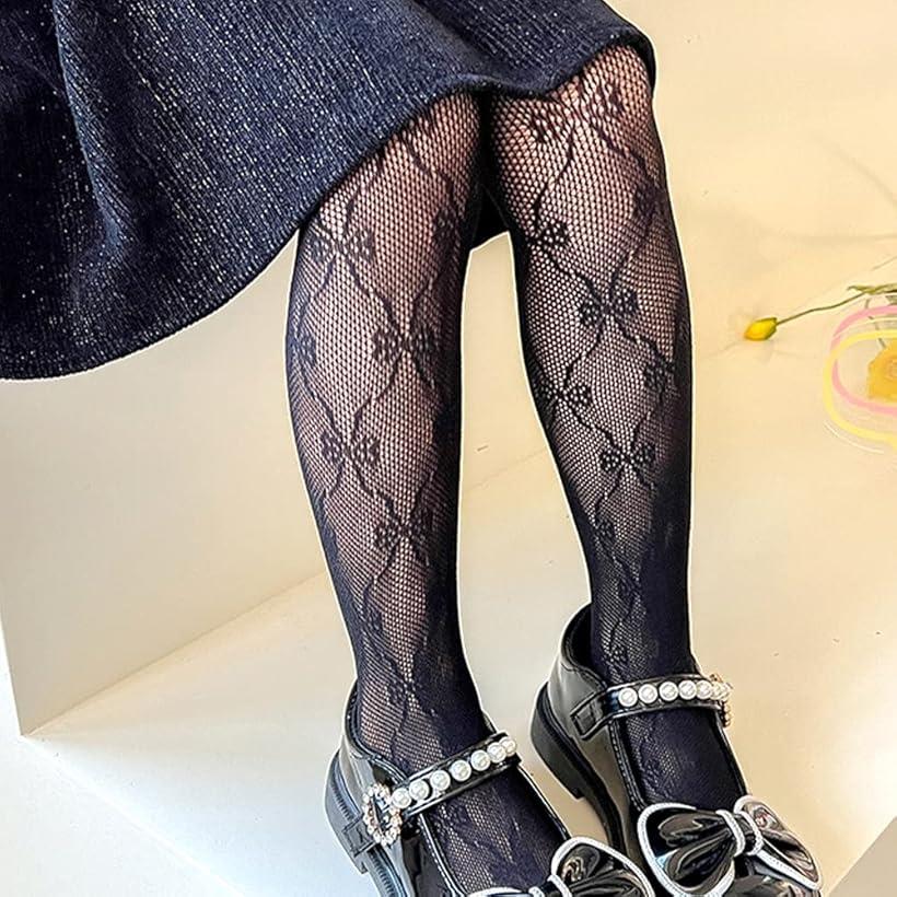 子供 タイツ 子供用 キッズ ストッキング 網タイツ レース リボン柄 かわいい 柄タイツ 洗濯可(ブラック, M)