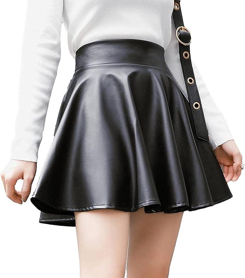 ミニ スカート レザー調 フレア レディース Aライン ウエストゴム カジュアル ファッション ミニスカ XXL( ブラック, 2XL)