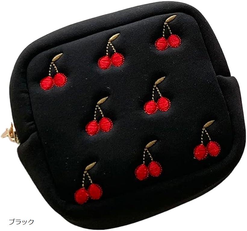 化粧 ポーチ 小さめ スクエア型 ミニポーチ コンパクト コスメ 小物 トラベル 軽量 さくらんぼ ブラック (ブラック)