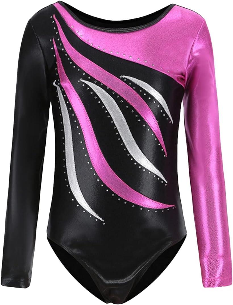 レオタード 長袖 ラインストーン 学生 ダンス(ピンク, 120)