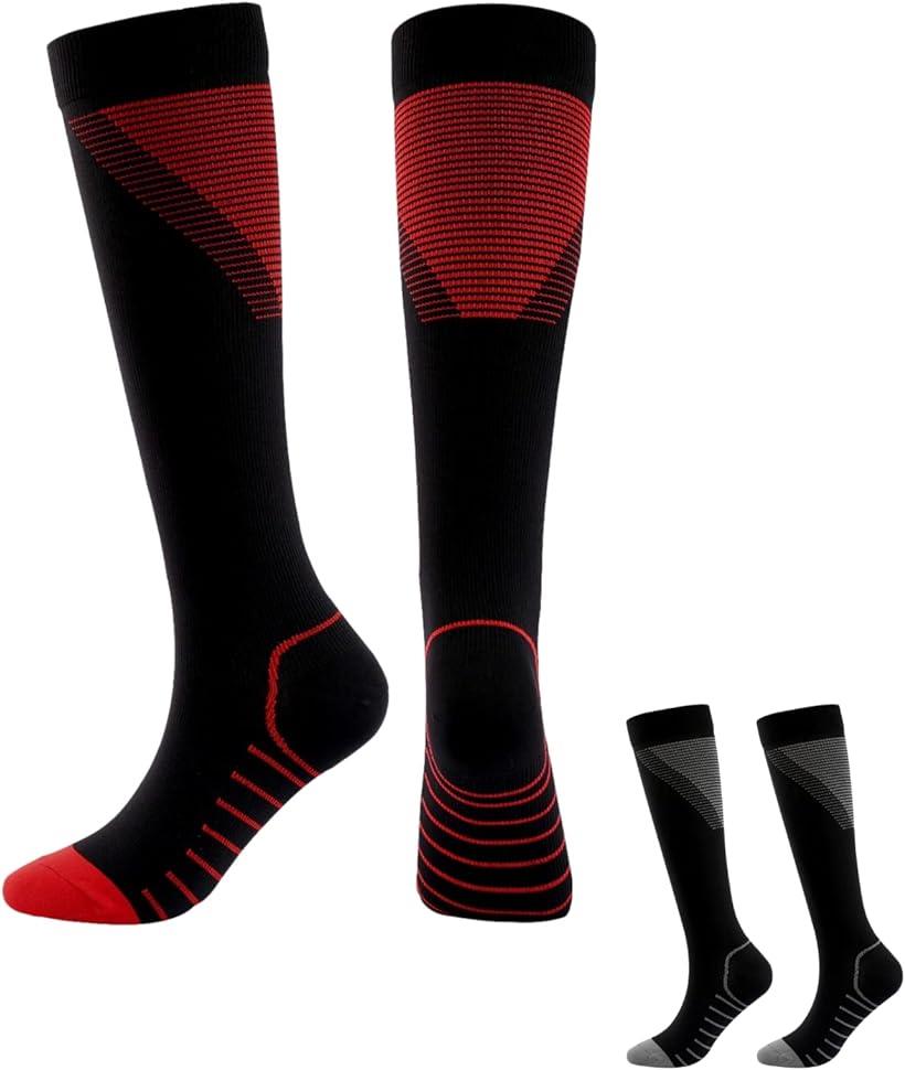 ハイソックス 2足組みセット スポーツ コンプレッション 伸縮 ストレッチ性 運動靴下 ユニセックス 22.5 ～ 24.0 cm 黒 Ver2 (黒 Ver2, 22.5-24.0 cm)