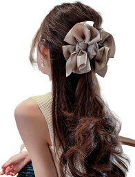 シニヨン バレッタ ヘアアクセサリー リボン シンプル ネット付き 髪飾り かわいい( Beige)