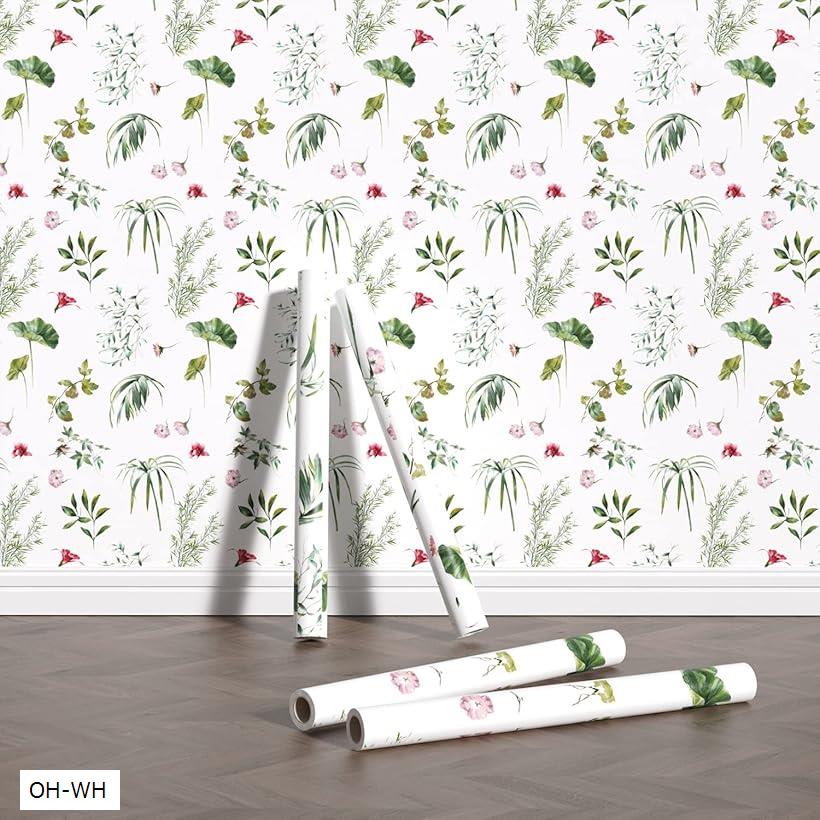 壁紙シール 花柄 剥がせる壁紙 防水 リメイクシート 草木柄 DIYシール PVC 10m リフォームシート ウォール ステッカー 蓮葉 (OH-WH, 44cmx10m)