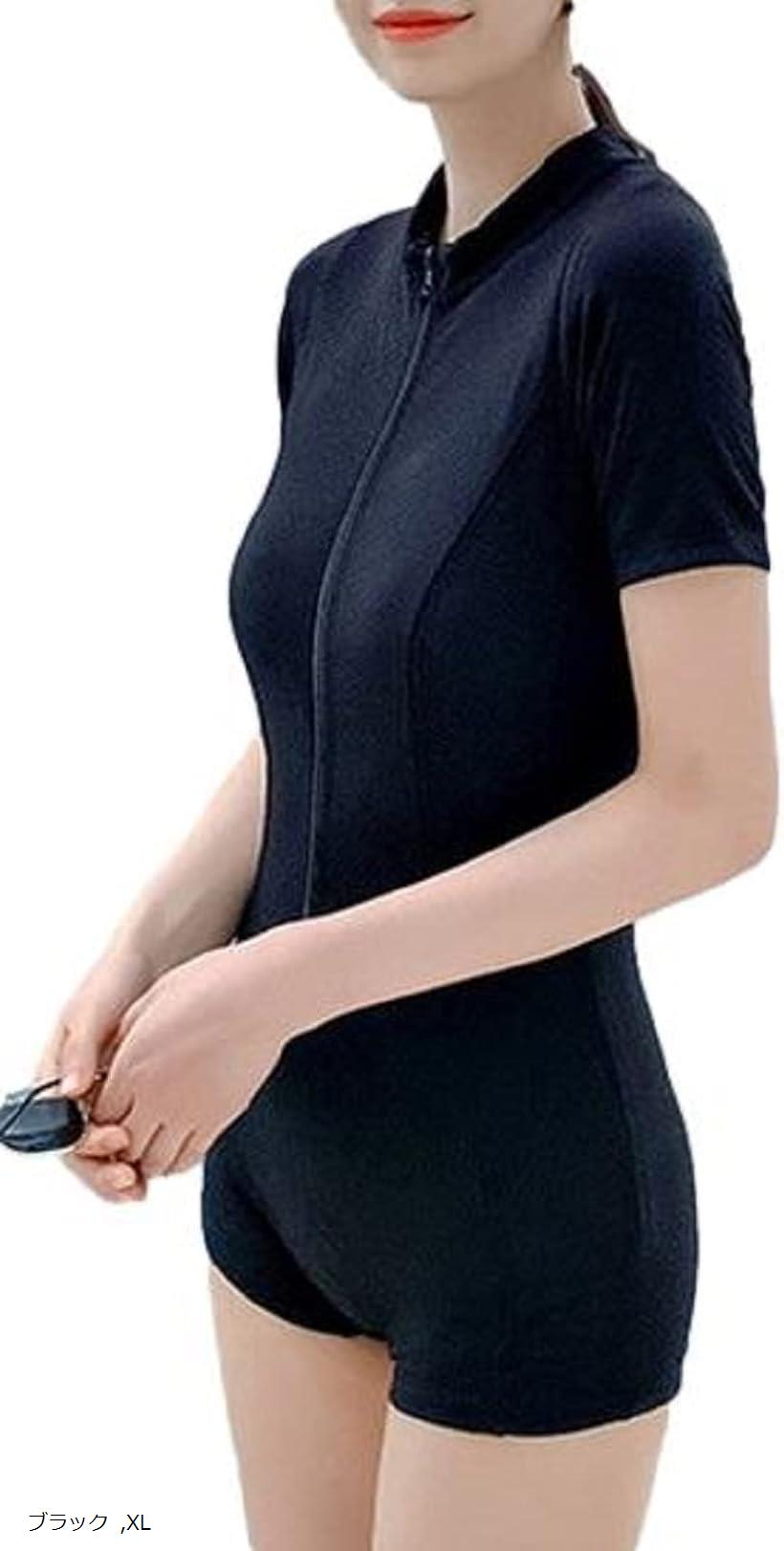 水着 ラッシュガード 半袖 フルジップ 前開き uvカット ハイネック 上下 ワンピース スイムウェア 一体型 スポーツ レディース 黒(ブラック, XL)