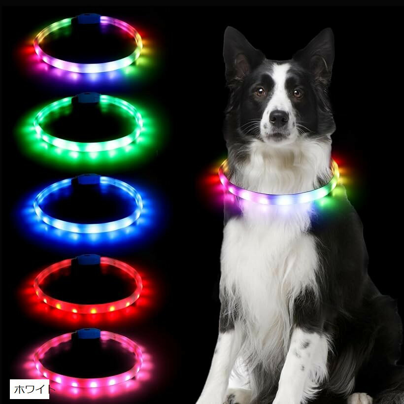 犬 光る首輪 12つ発光モード 多色発光 ペット LED首輪 USB充電式 サイズ調整可能 装着簡単 小型・中型・ 大型犬 ホワイト (ホワイト)