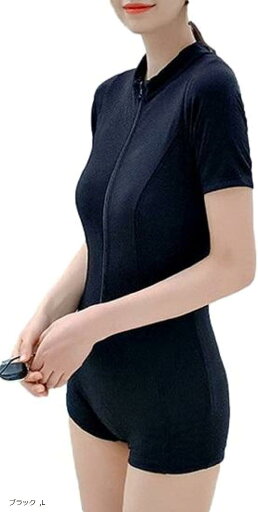 水着 ラッシュガード 半袖 フルジップ 前開き uvカット ハイネック 上下 ワンピース スイムウェア 一体型 スポーツ レディース 黒(ブラック, L) 水着 ラッシュガード 半袖 フルジップ 前開き uvカット ハイネック 上下 ワンピース スイムウェア 一体型 スポーツ レディース 黒(ブラック, L)