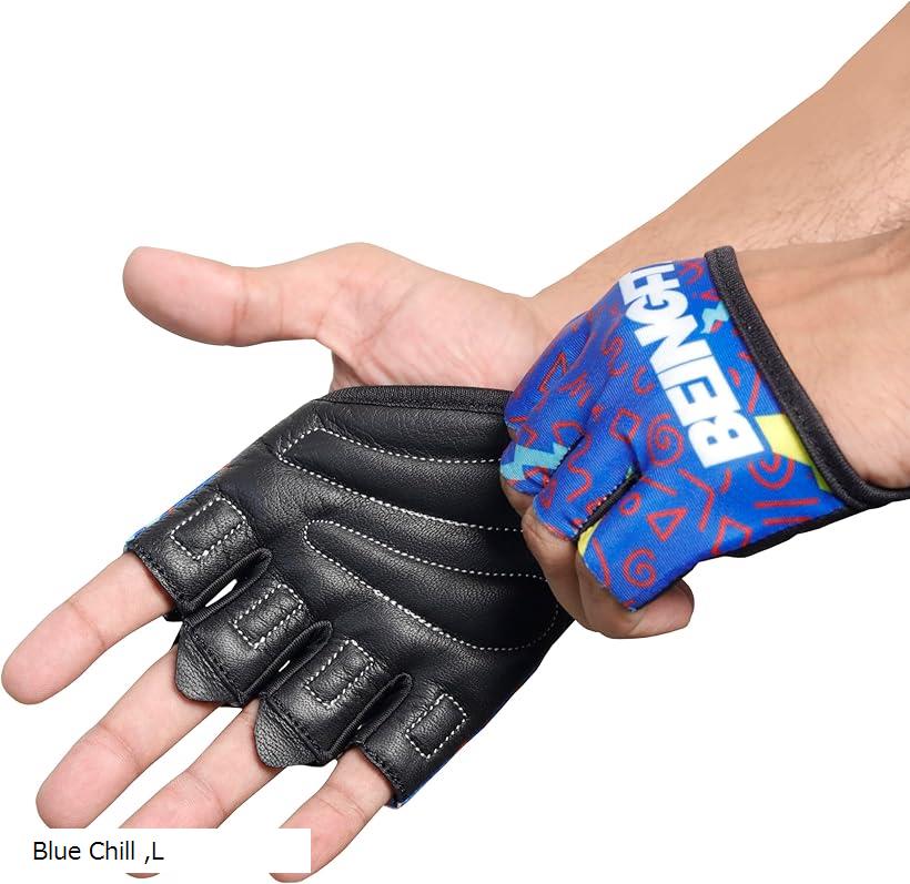 Beingfit トレーニンググローブ 筋トレ メンズ レディース 指から手のひらまで 半指デザイン 着脱簡単 革製 手のひらで高グリップ＆強度サポートのトレーニング手袋 ジム・フィットネス・懸垂に最適 (Blue Chill, L)(4)