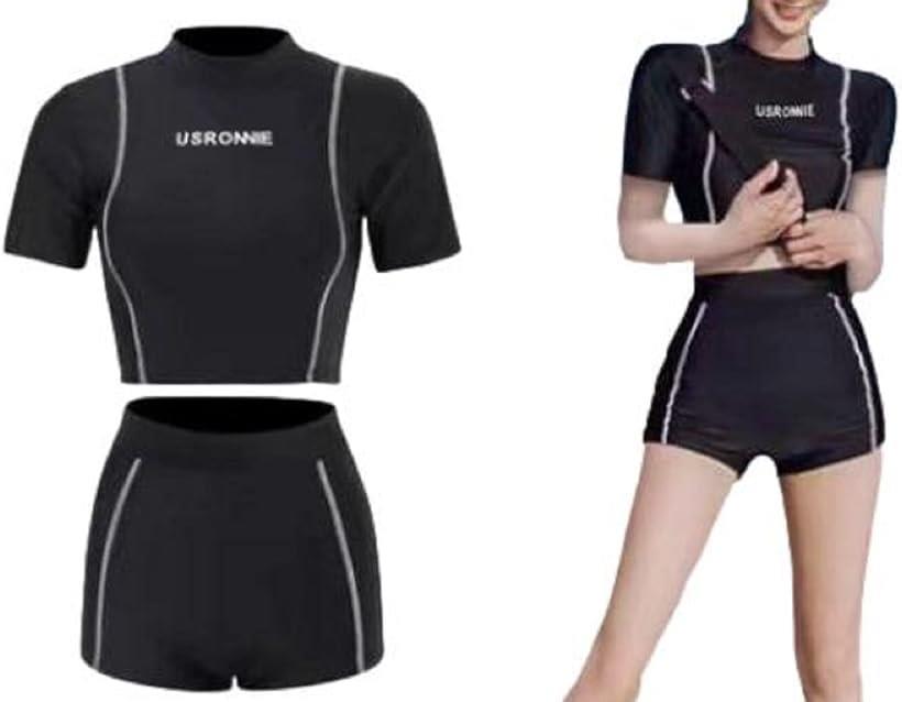 ラッシュガードセット レディース 水着 上下セット uvカット フィットネス プール 海 スポーツ 半袖 (2点セット(半袖), 2XL)