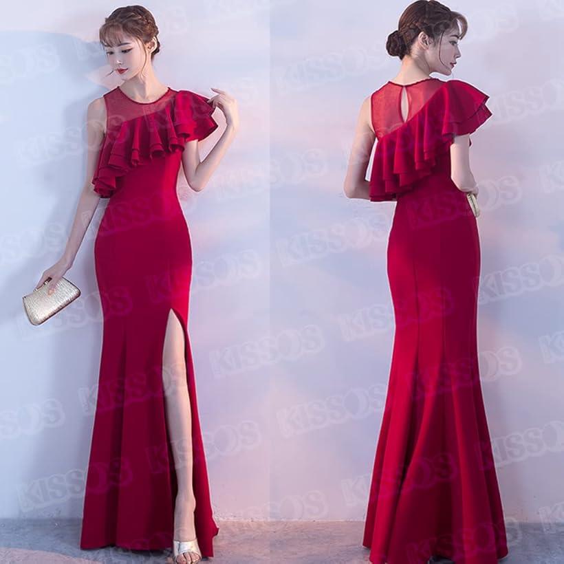 レディース ロング ドレス バーティー キャバドレス 結婚式 お呼ばれ Mサイズ(レッド, M)