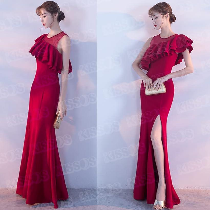 レディース ロング ドレス バーティー キャバドレス 結婚式 お呼ばれ Mサイズ(レッド, M)