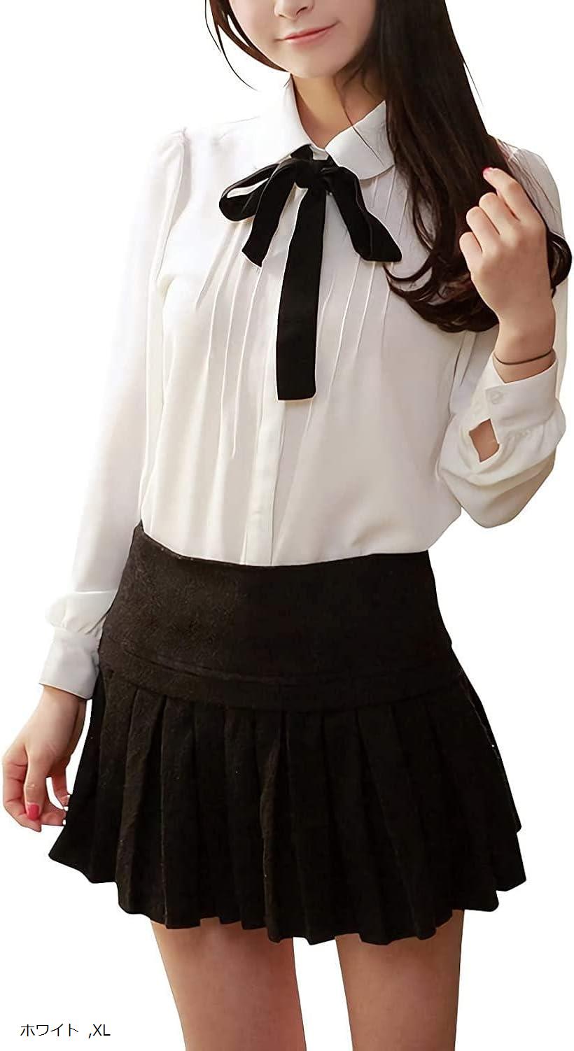 ボウタイ ブラウス レディース トップス リボン ホワイト サテン 長袖 XL (ホワイト, XL)